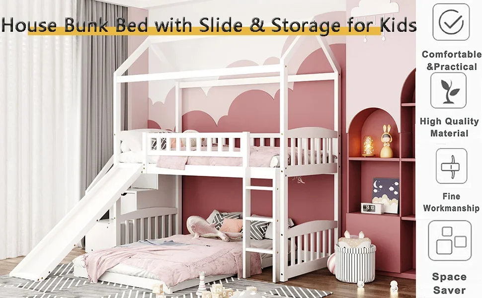house bunk bed with slide white