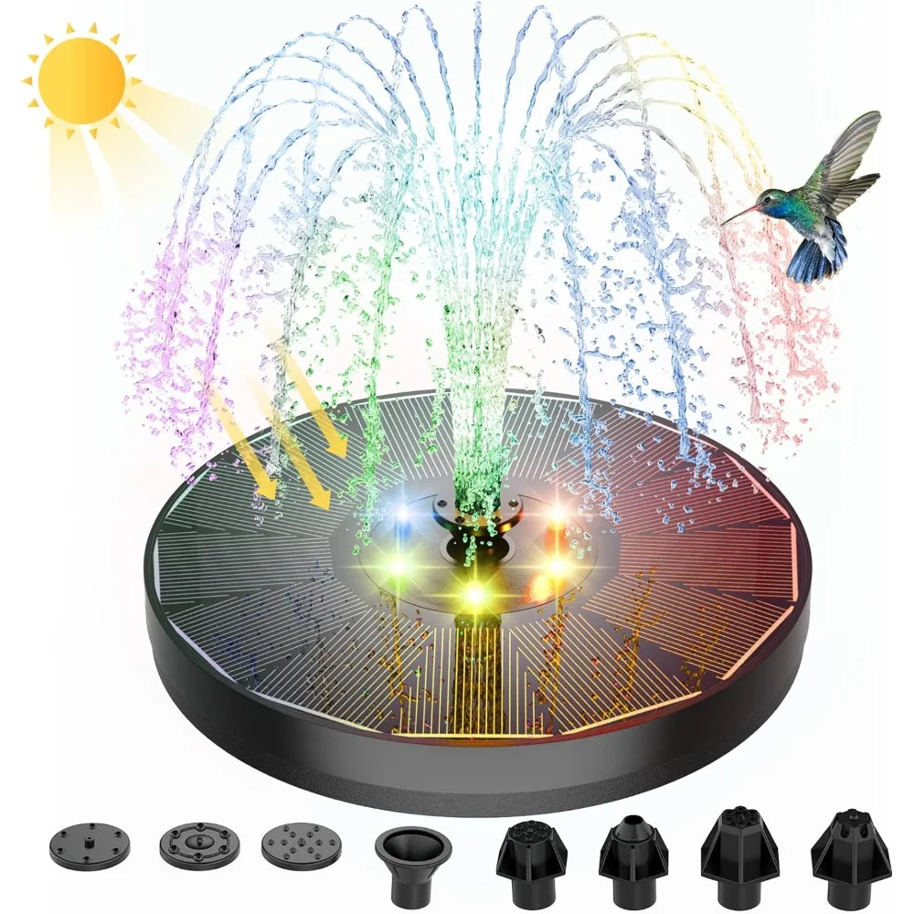

ALUKIKI Solar Powered Fountain 4W Bird Bath Fountains Pump Upgraded Glass Panel Fountains Color LED Lights 7 Nozzles & 4 Fixers