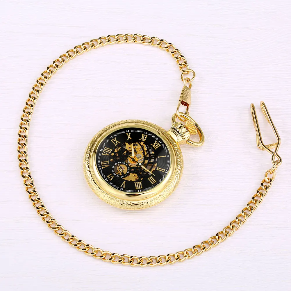 

Stylish Golden Black Manual Mechanical Pocket Watch Roman Number Without Cover Skeleton Necklace Pendant Creative Birthday Gift