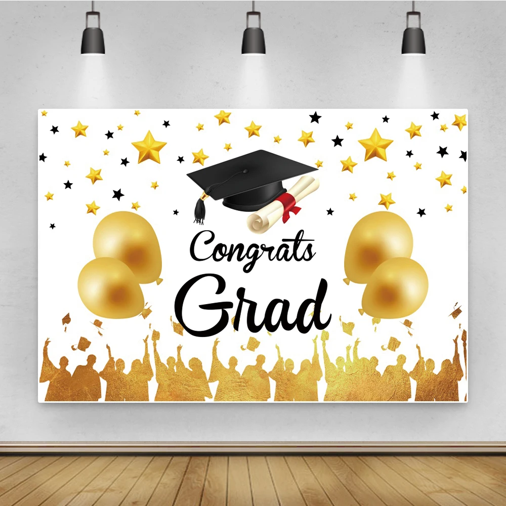 Congratulations Graduation Party Decor Poster Gold Balloon Ribbons Black Photography Backdrop Vinyl Background
