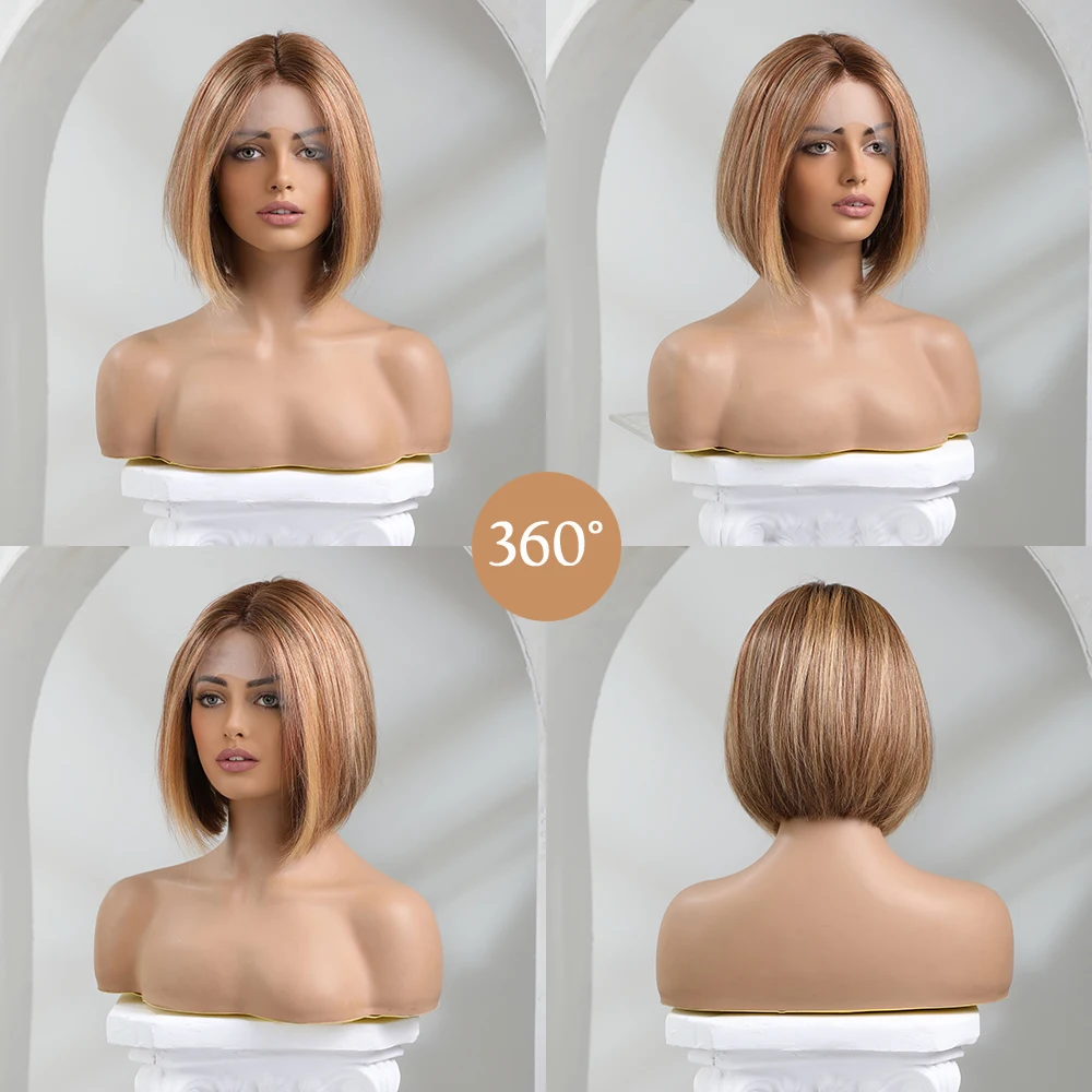 HAIRCUBE Brown Short Straight Wigs for Women 13*1 Lace Front Human Hair Wig Women's Middle Parted Ombre Blonde Bob Remy Hair Wig