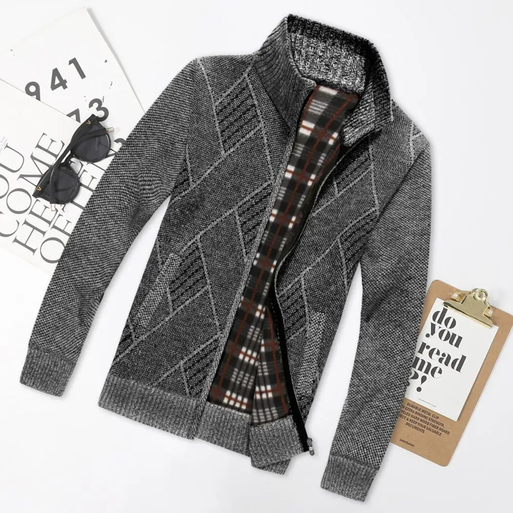 

Geometric Print Men Jacket Stylish Men's Geometric Print Cardigan Sweater Thick Knitted Stand Collar Zipper for Fall/winter