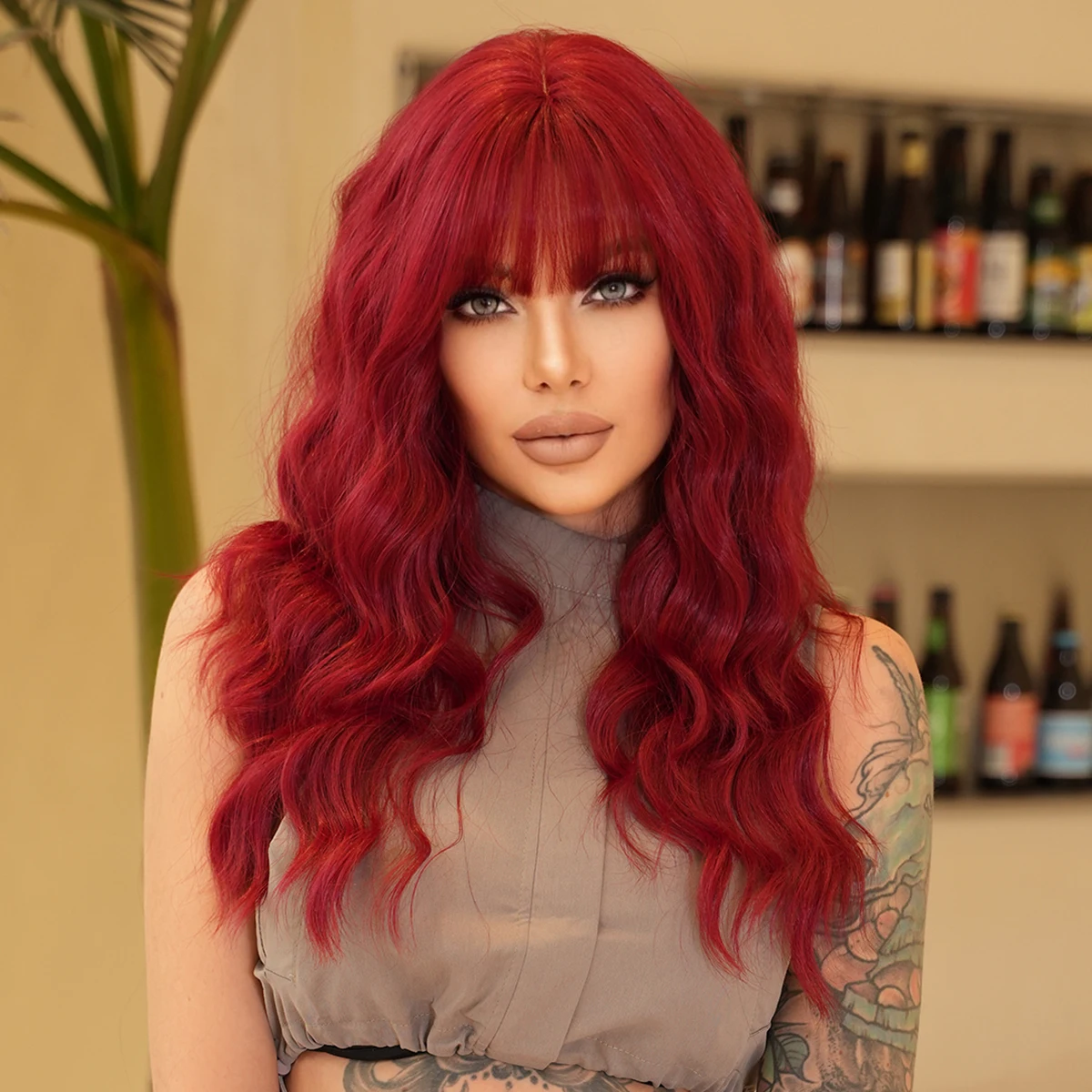 

7JHH WIGS Costume Wig Long Water Wave Fluffy Red Wigs with Air Bangs High Density Synthetic Heat Resistant Wig Beginner Friendly