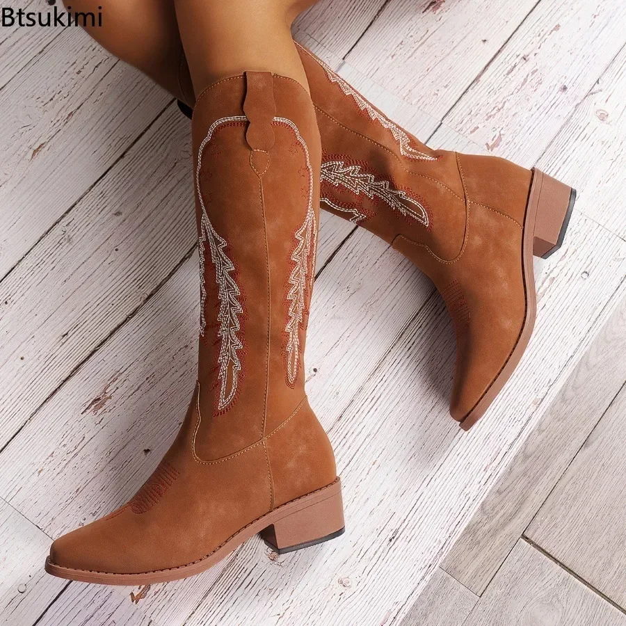 New 2024 Women's Embroidered Long Boots Handmade Thick Heeled Autumn Winter Long Boots Female Cowboy Western Retro Botas Gothic