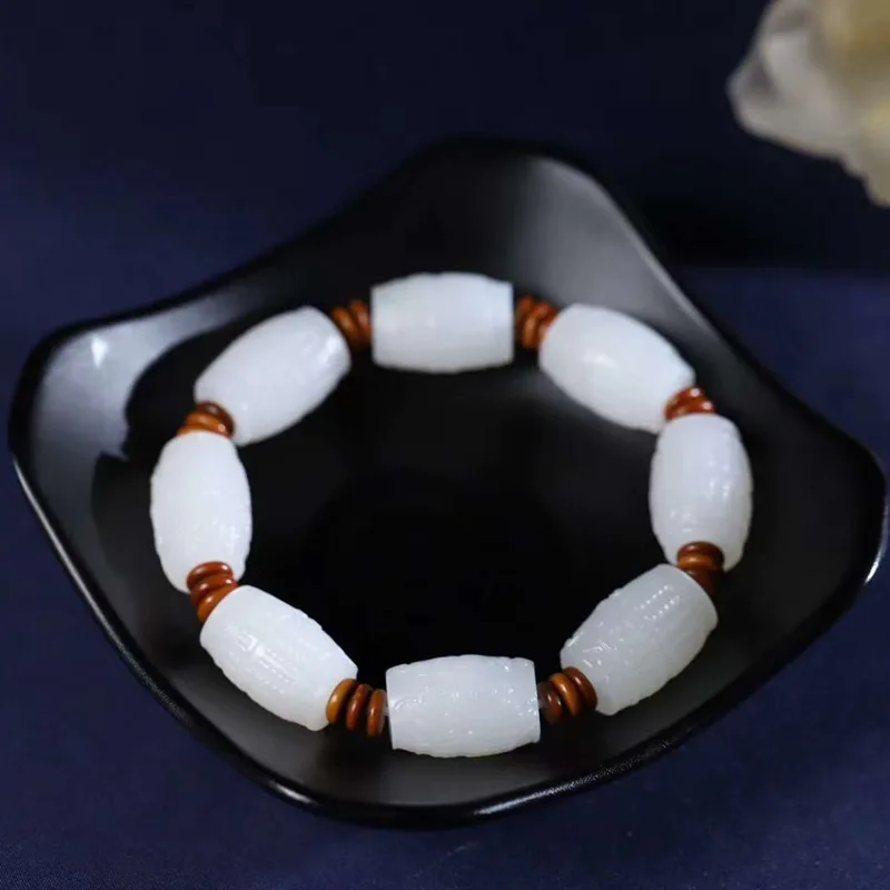 

Natural Xinjiang Hetian Qinghai Material Sheep Fat White Jade Retro Ruyi Barrel Beads Bracelet for Men and Women