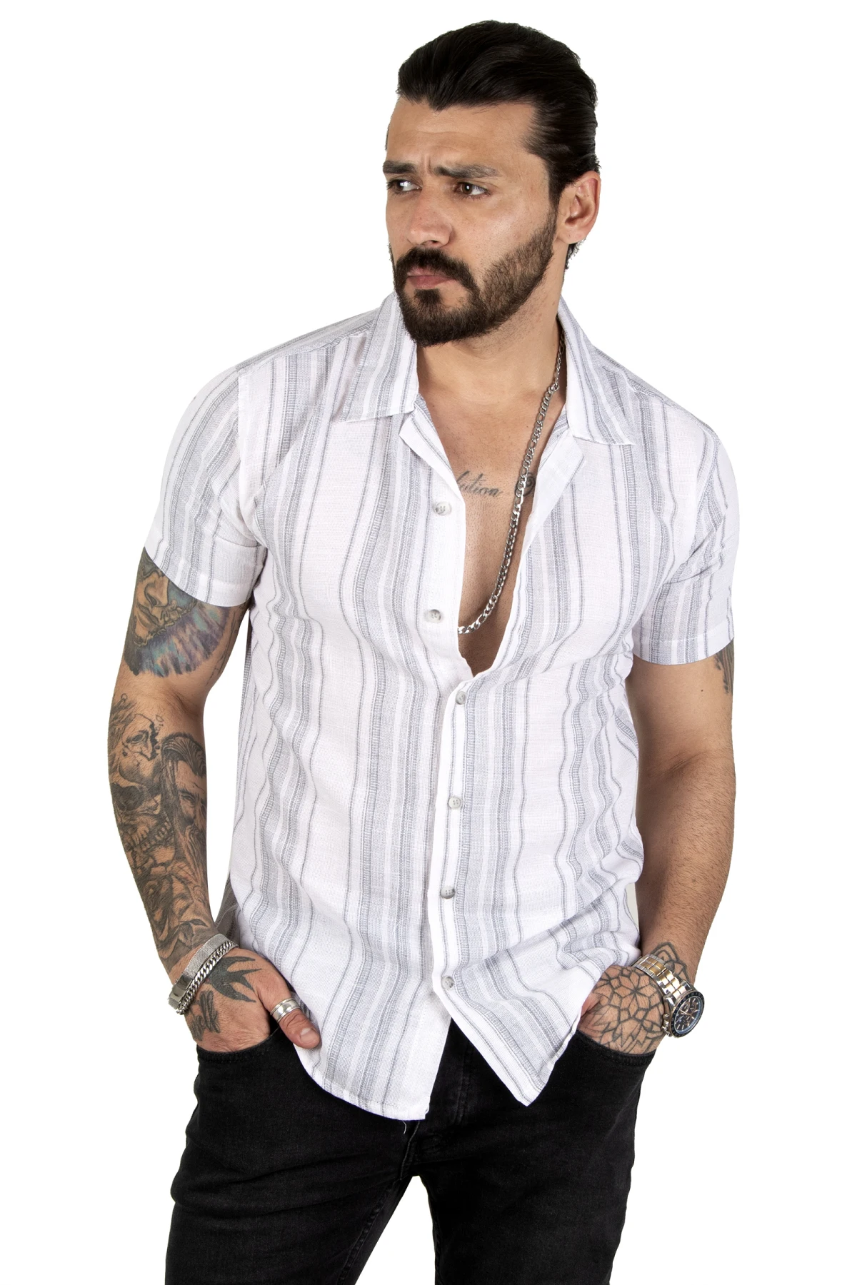 DeepSEA striped buttoned short sleeve lycra raw linen men's shirt 2201888