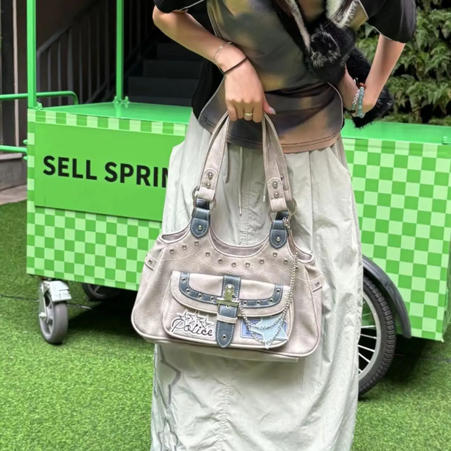 HAEX Y2K Women Tote Bags 2024 Vintage Moto Style Rivet Chains Ladies Shoulder Bags Subculture Patchwork Bolsas Femininas