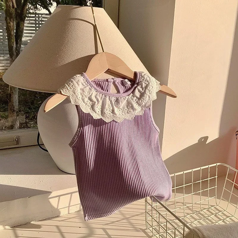 Girls Summer Lace Vest Tops Kids Sleeveless T-shirt Children Ruffled Sweet Thin Clothes Simple Versatile - 2