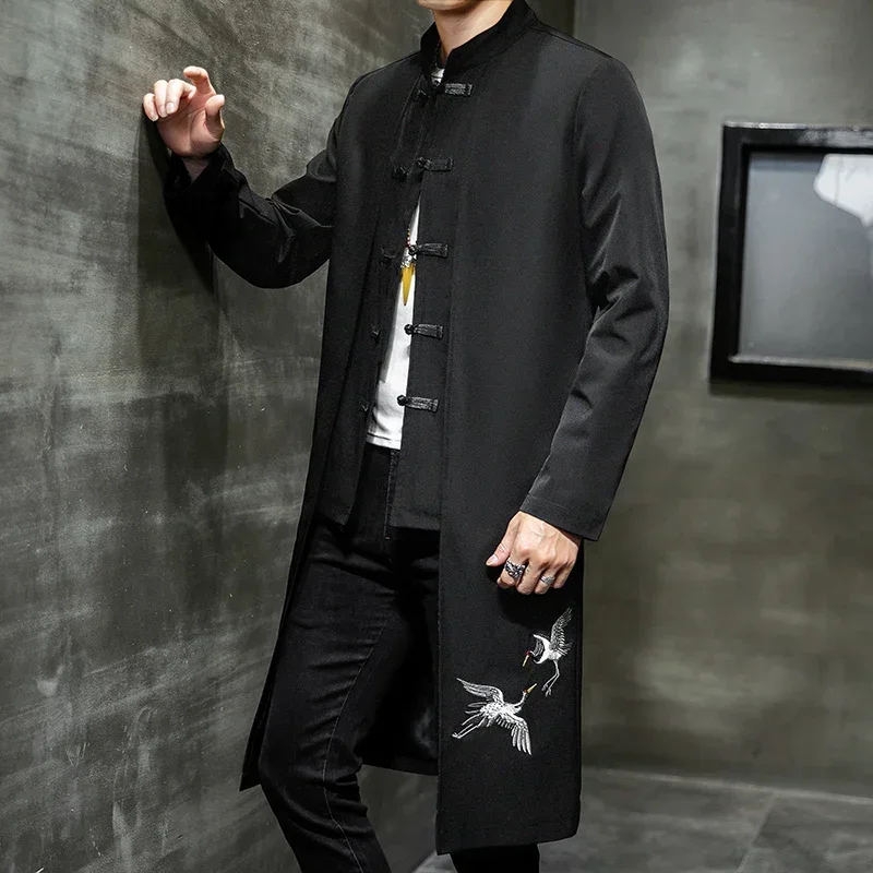 Chinese Style Tops News Coat Linen Embroidery Crane Casual Long Gown New Year Clothes Traditional Chinese Clothing for Men