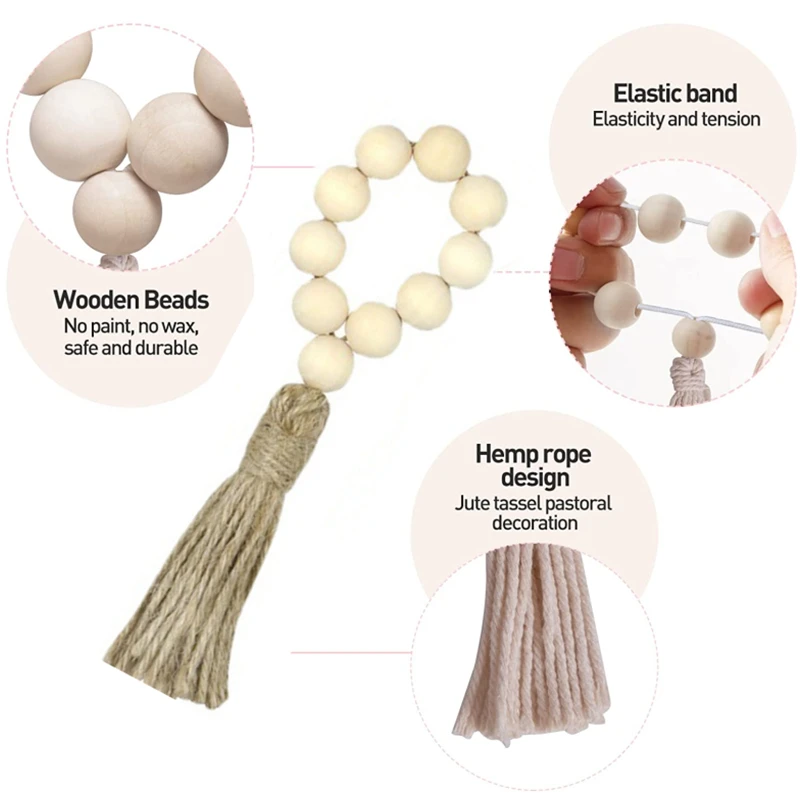 Newest Natural Wood Beads Table Art Napkin Rings Setting with Jute Tassels Designed Serving Dinner Cloth Holders Wedding Party