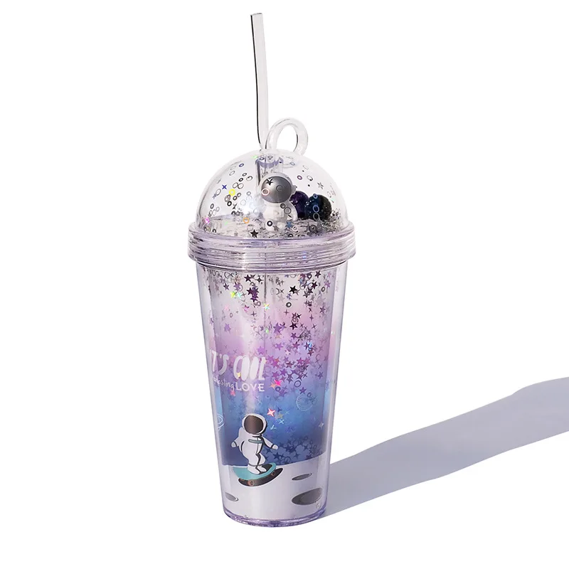 3D Space Cup Creative Water Bottle with Straw Plastic Cups Gift