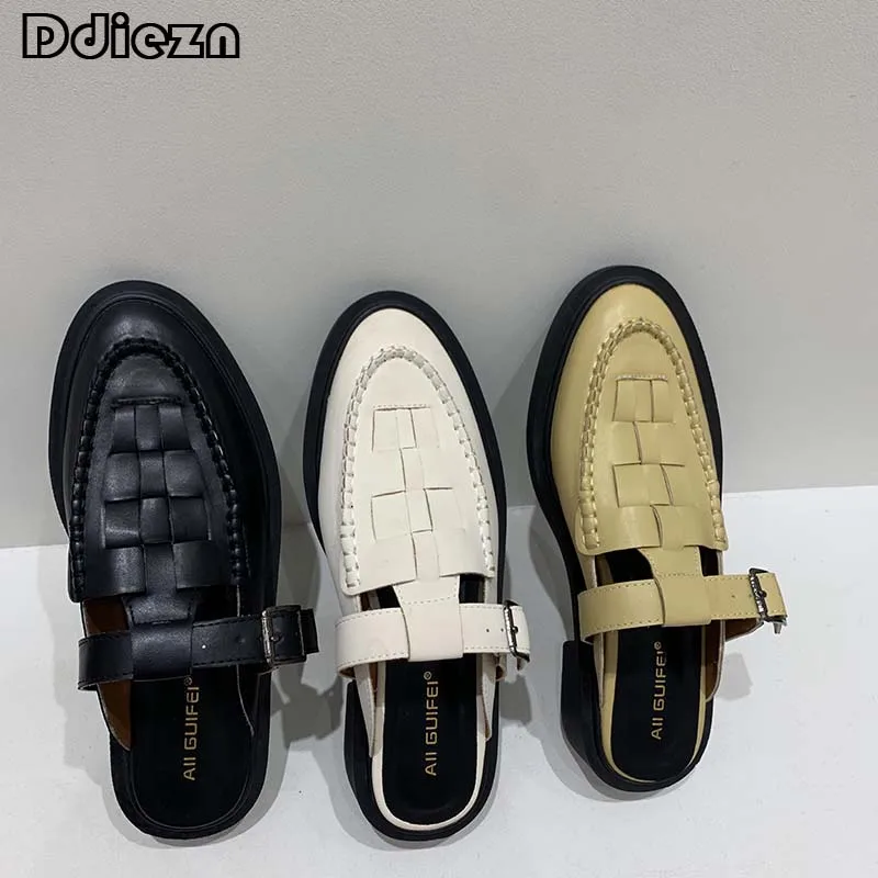 

2023 Fashion Female Shoes Slippers Flats Sandal Women Slides Shallow Weave Mules Summer Pointed Toe Elegant Ladies Sandals