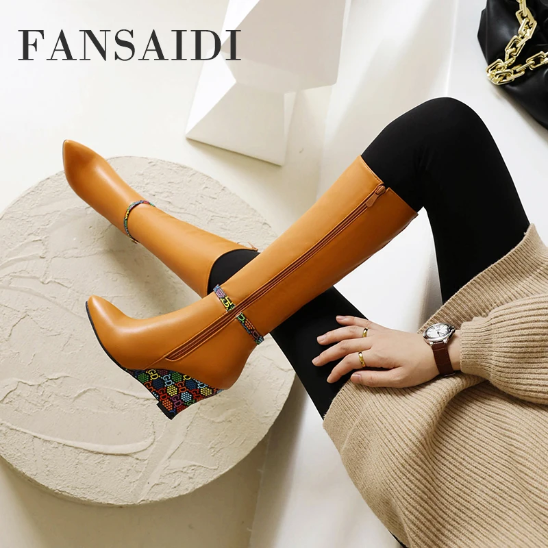 

FANSAIDI Winter Female Boots Fashion New Sexy Blue Green Pointed Toe Boots Zipper Wedges Knee High Boots Elegant 41 42 43
