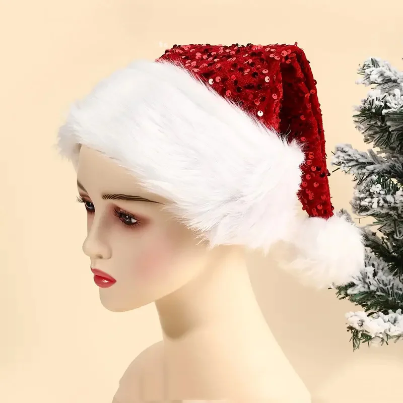 Shiny Sequined New Year Christmas Hat Double-layer Red Santa Claus Caps Plush Fluffy Pompom Xmas Party Beanie Santa Cap Snowman christmas beanie hat