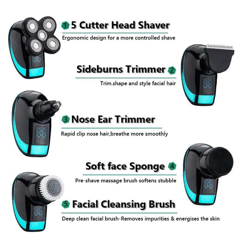5 In 1 Electric Shaver For Men Bald Hair Clipper Nose Trimmer 5D Floating Blade Head Shaving Beard Knife Rechargeable_voghion.com