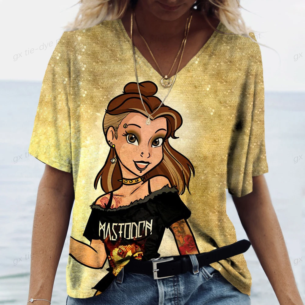 

Summer Tops Women Short Sleeve V-neck Oversized T-Shirt Fashion Ladies 3D T-shirts Disney Princess Print Top Casual Women's tees