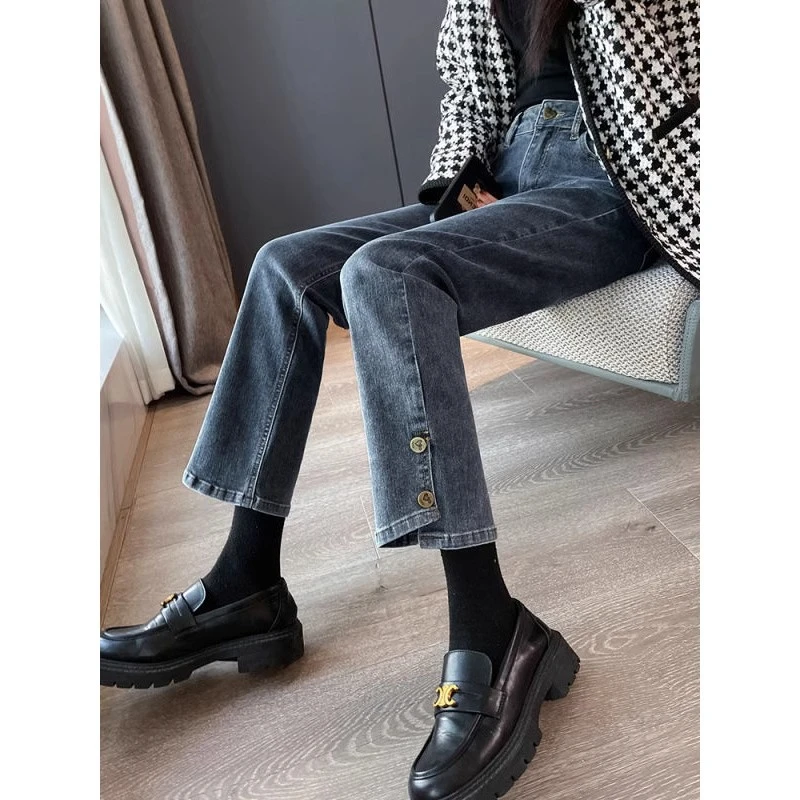 여성용 얇은 슬림 담배 파이프 바지, 블루 및 그레이 스플라이싱 9 스트레이트 청바지, 하이 웨이스트, 용수철 신상 단추