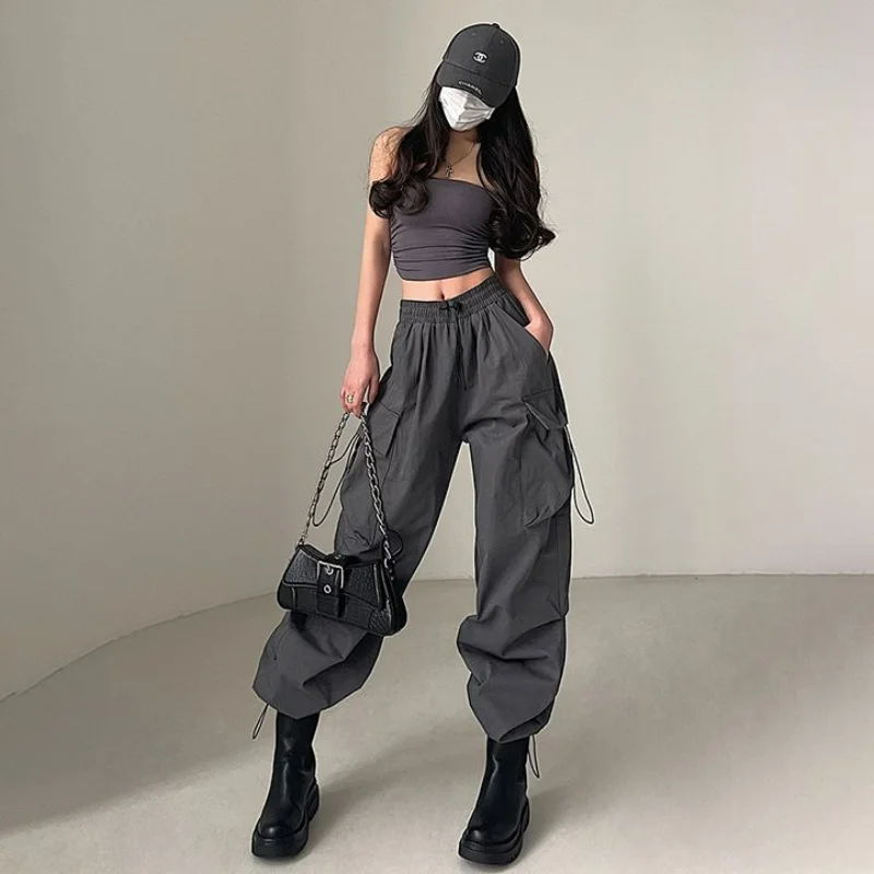 American Workwear Pants Women Loose Solid Elastic High Waist Drawstring Pockets Versatile Trend Sports Casual Wide Leg Trousers