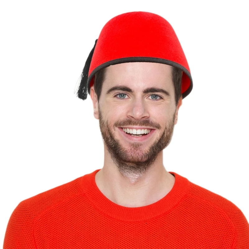 Tarboosh Fez Hat Men Universal Red Moroccan Hat Ottoman Round Breathable Turkish Tassels Cap Role Play Headwear