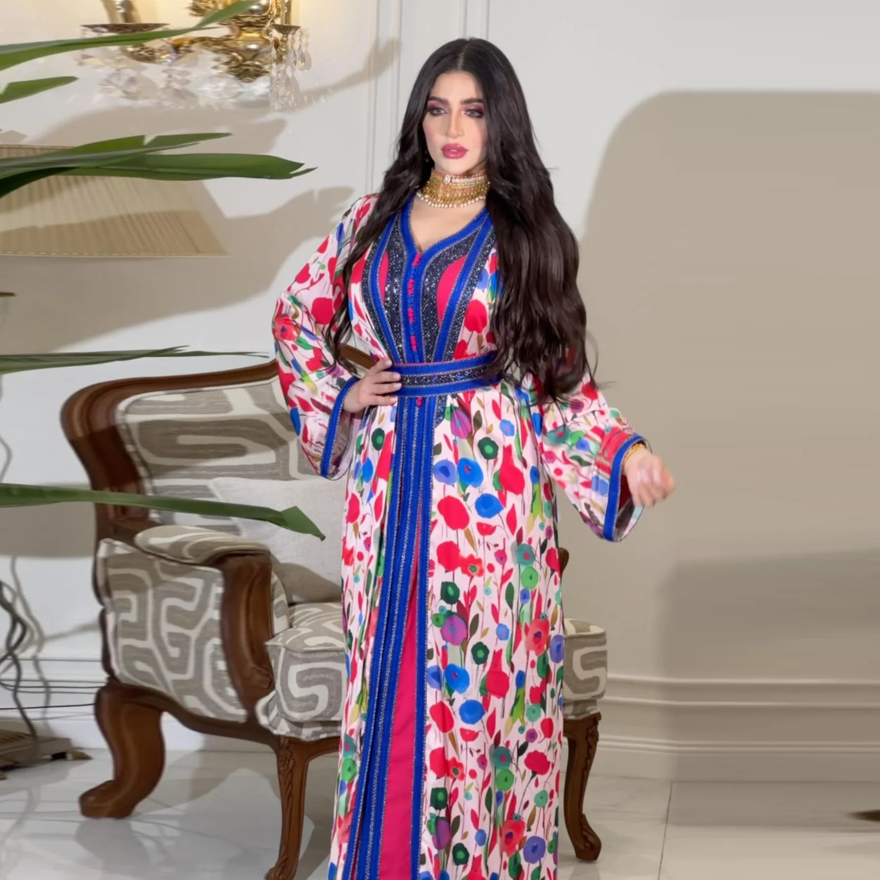 2 Piece Kaftan Abaya Set Muslim Saudi Abaya Arab Print Wedding Caftan Dresses for Women Dubai Evening Dress Modest Islam Outfit