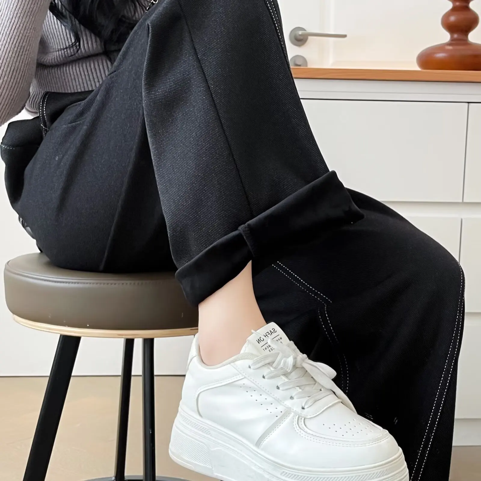 XXXXL Fashion Plus Size Women's Straight Leg Pants Winter Block Color Waist Thickened And Fleece Warm Curved Casual Trousers 887