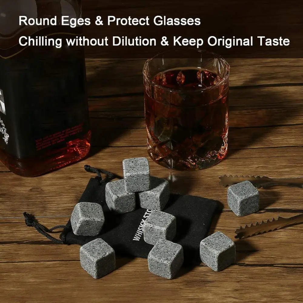 Whiskey Stones Chilling Ice Cubes - Set of 9 Whiskey Rocks Chilling Stones  Reusable Whiskey Stone for Your Drinks with Velvet Gift Pouch Great Gift
