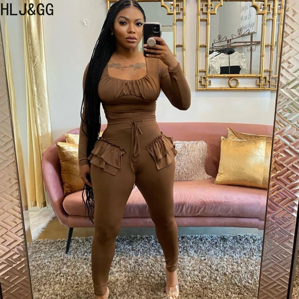 HLJ&GG Fashion Ruffled Design Skinny Pants Sets Women Long Sleeve Crop Top+Pants Two Piece Outfits Casual Ruched 2pcs Streetwear