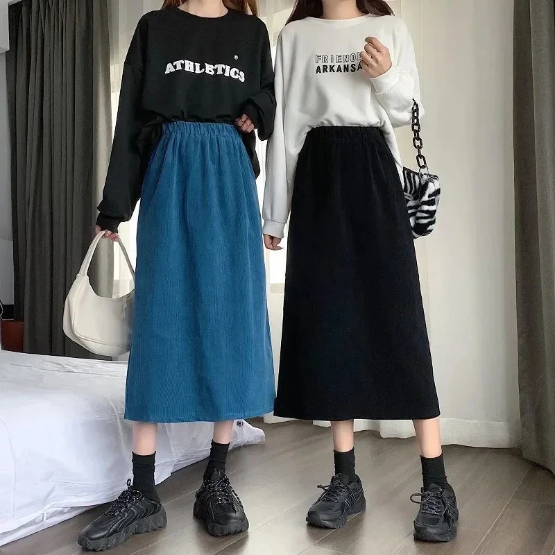 

Korean Fashion Corduroy Long Skirt Women Solid Color Back Split High Waist Skirts Woman College Style Loose A Line Skirt