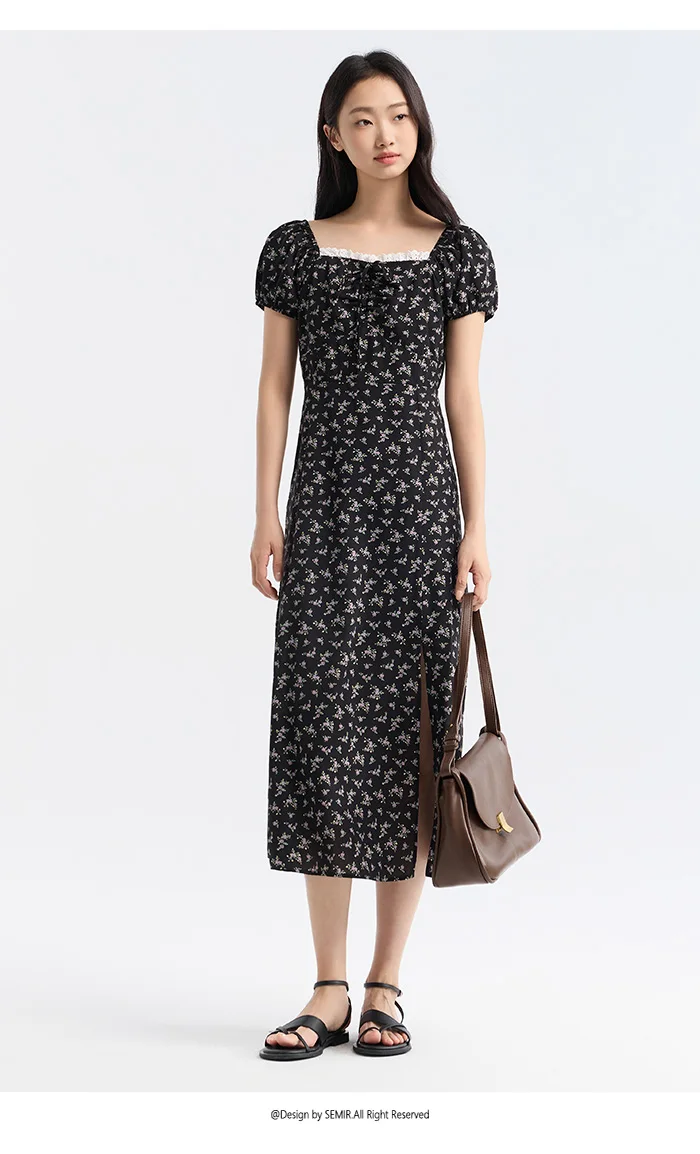 Dress Women Split Bubble Sleeve Medium Long Dress Summer New Square Neck Chiffon Floral Dress Romantic Elegant