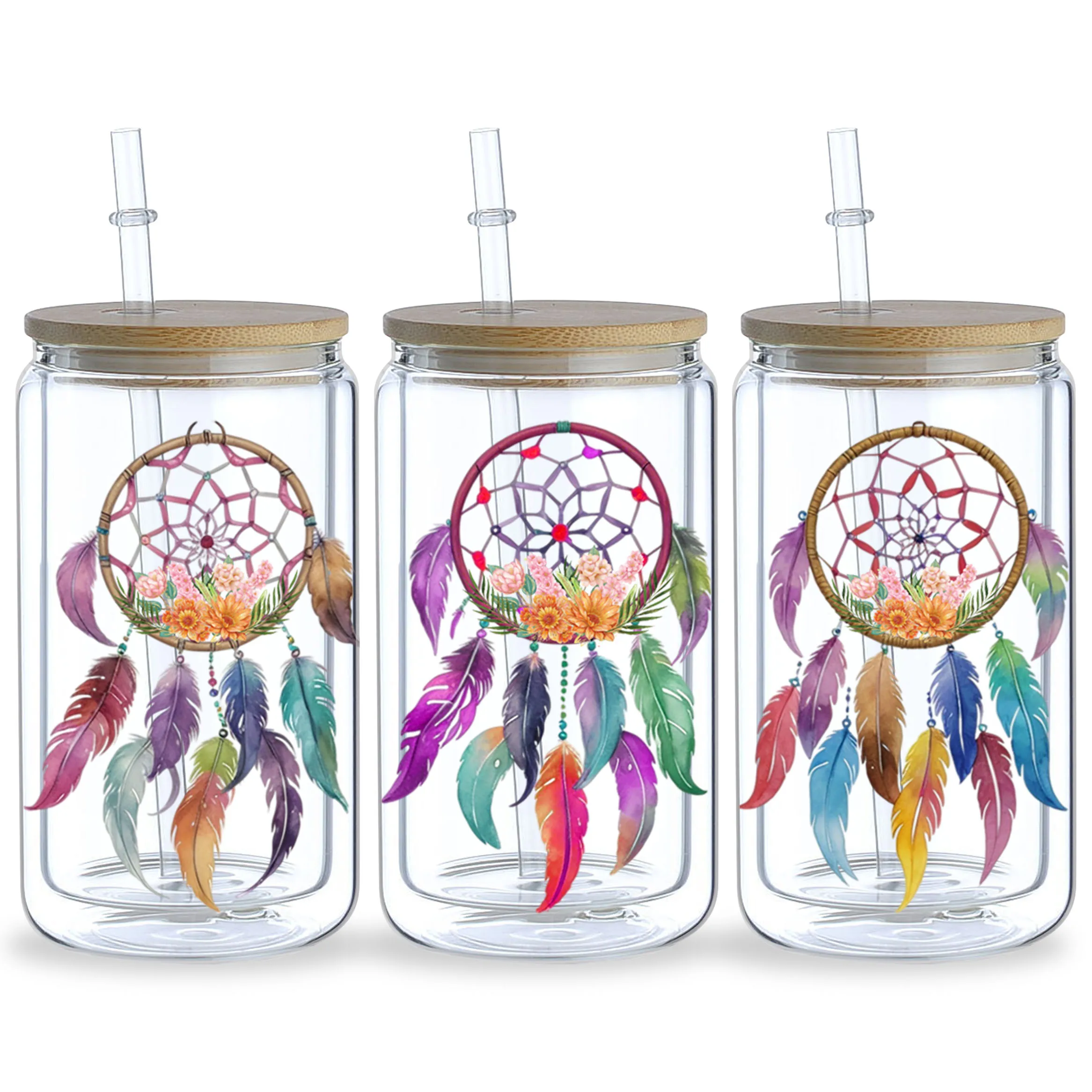 5 sheets Feathers Bohemian Dream Catcher UV DTF Cup Stickers,DTF Transfer Stickers,Wipe-On Transfer Film for 16 oz Glass, Mugs,