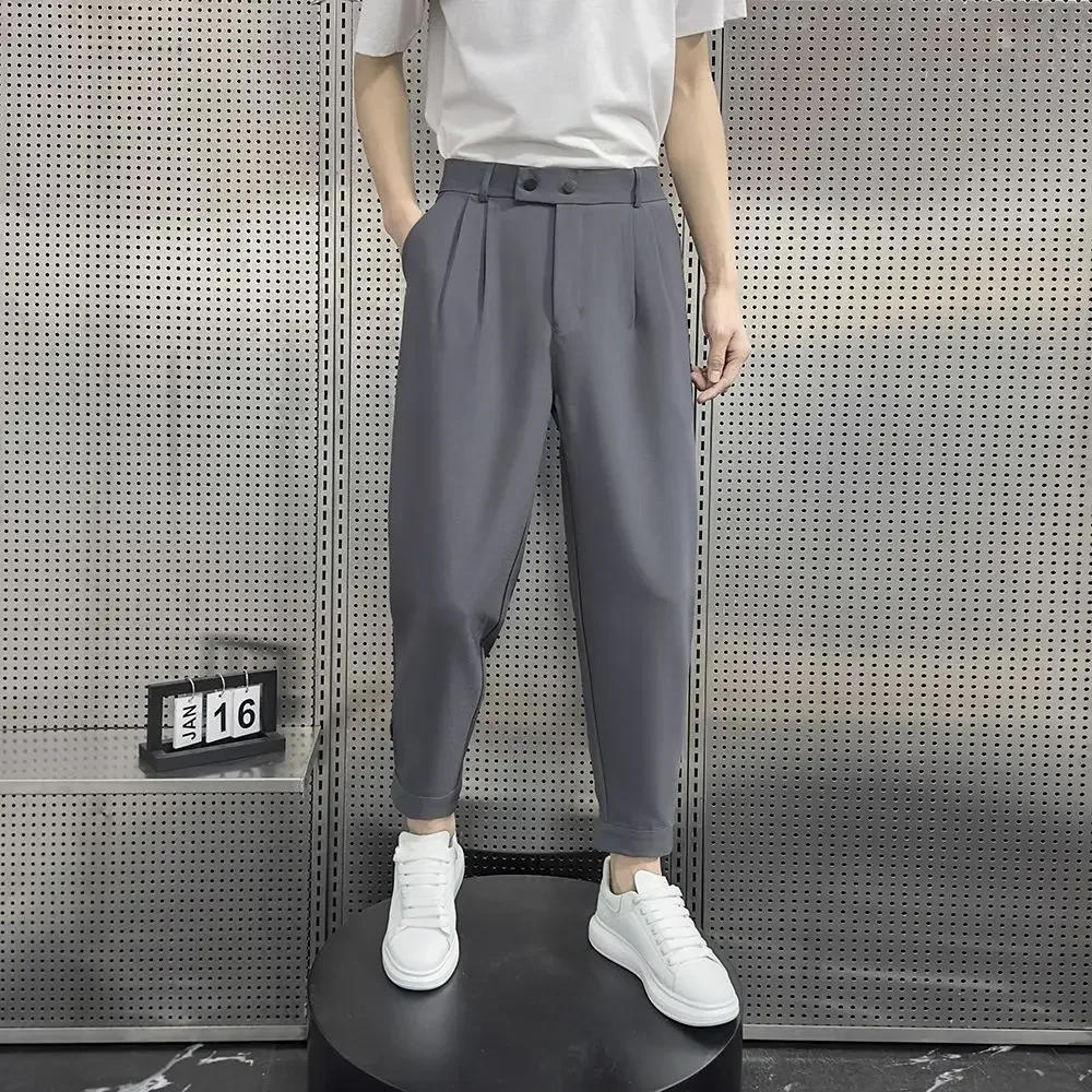 thumbnail image 1 of 9 Pantalones de verano recortados para hombre, pantalones de traje negros rectos para hombre, ropa de oferta, ropa de trabajo para hombre chino, finos, informales, de alta calidad, 1 of 5