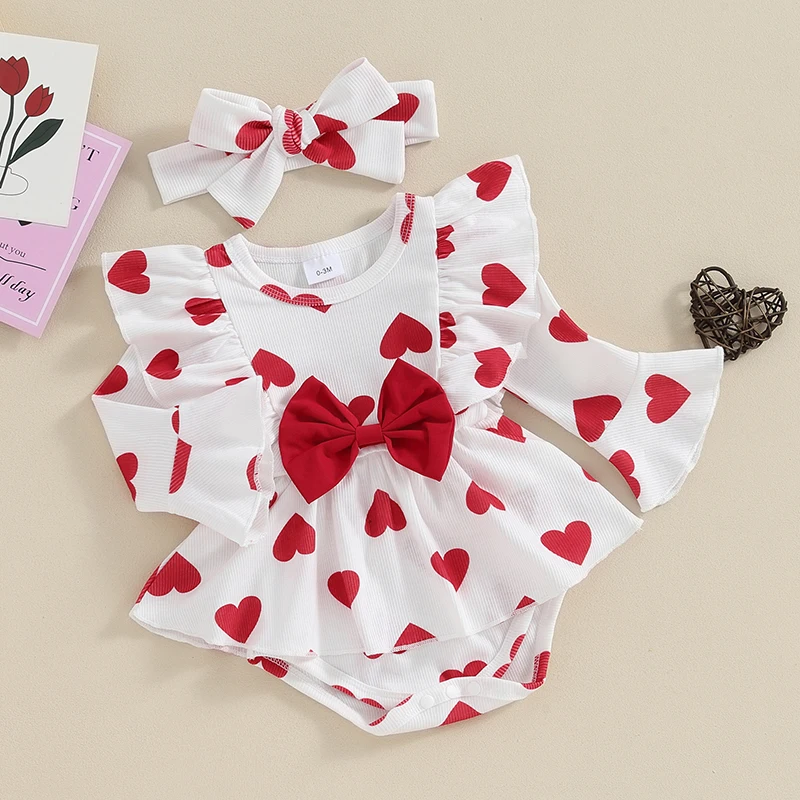 

Valentine Baby Girl Outfit Heart Print Ribbed Ruffles Long Sleeve Newborn Valentines day Romper Dress Headband Clothes