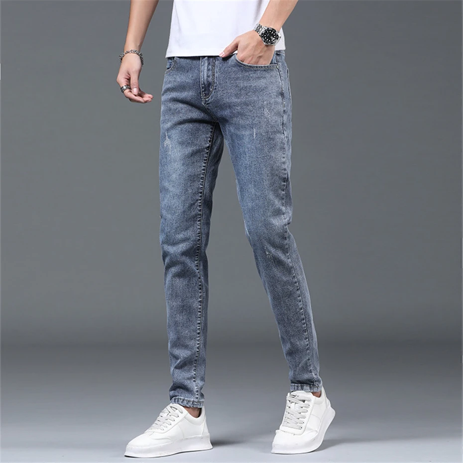 Slim Fit Denim Pants Men Straight Jeans Hold Fashion Casual Solid Color Denim Pants Male Jean Trousers Blue