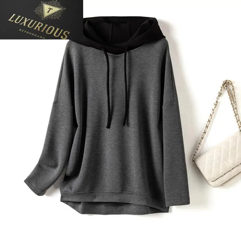 

Sweater Women's Hooded Loose Solid New Korean Fashion Casual Gray Stitching Space Cotton Tops Hoodies Woman Sweatshirts 4XL