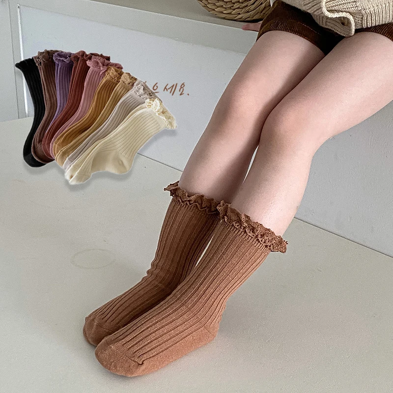 

1-8T Baby Girls Winter Socks Frilly Knee Sox Children Ribbed Sokken Princess Infant Spanish Leg Warmers Solid Color 3Pairs/Lot