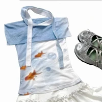 Kimotimo Goldfish Printing Mesh Y2k T-shirt Women Harajuku Slash Neck Slim Fit Crop Top Summer Short Sleeve Street Gothic Tees - Image 4