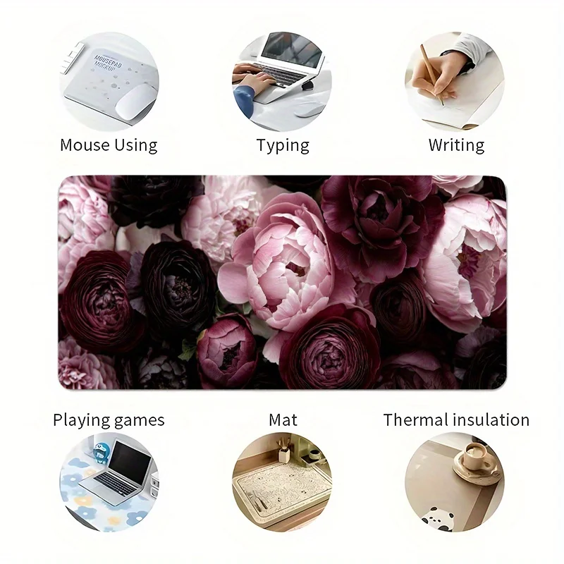 Non slip rubber base peony floral desk mat