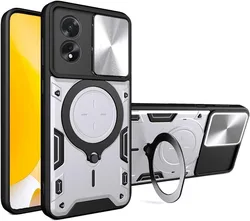 Kickstand Armor Shield Case with Lens Protection - Shockproof and Durable for OPPO A80 5G (Silver)