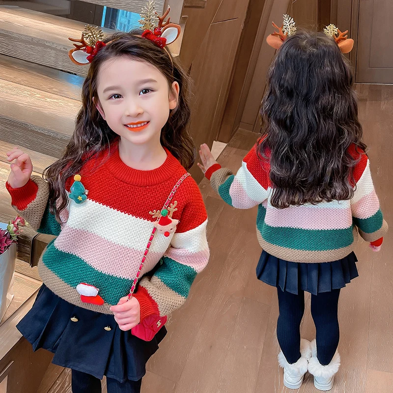 

Korean Casual Kids Girl Sweater Christmas Rainbow Sweet Clothes Autumn Winter Thicken Warm Knitted Top for Teen Girls 2-10 Yrs