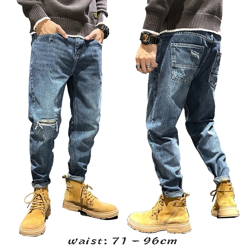 High quality long harem jeans for men plus size ripped and stone wash cotton denim vintage trousers new 2024 clothing - blue