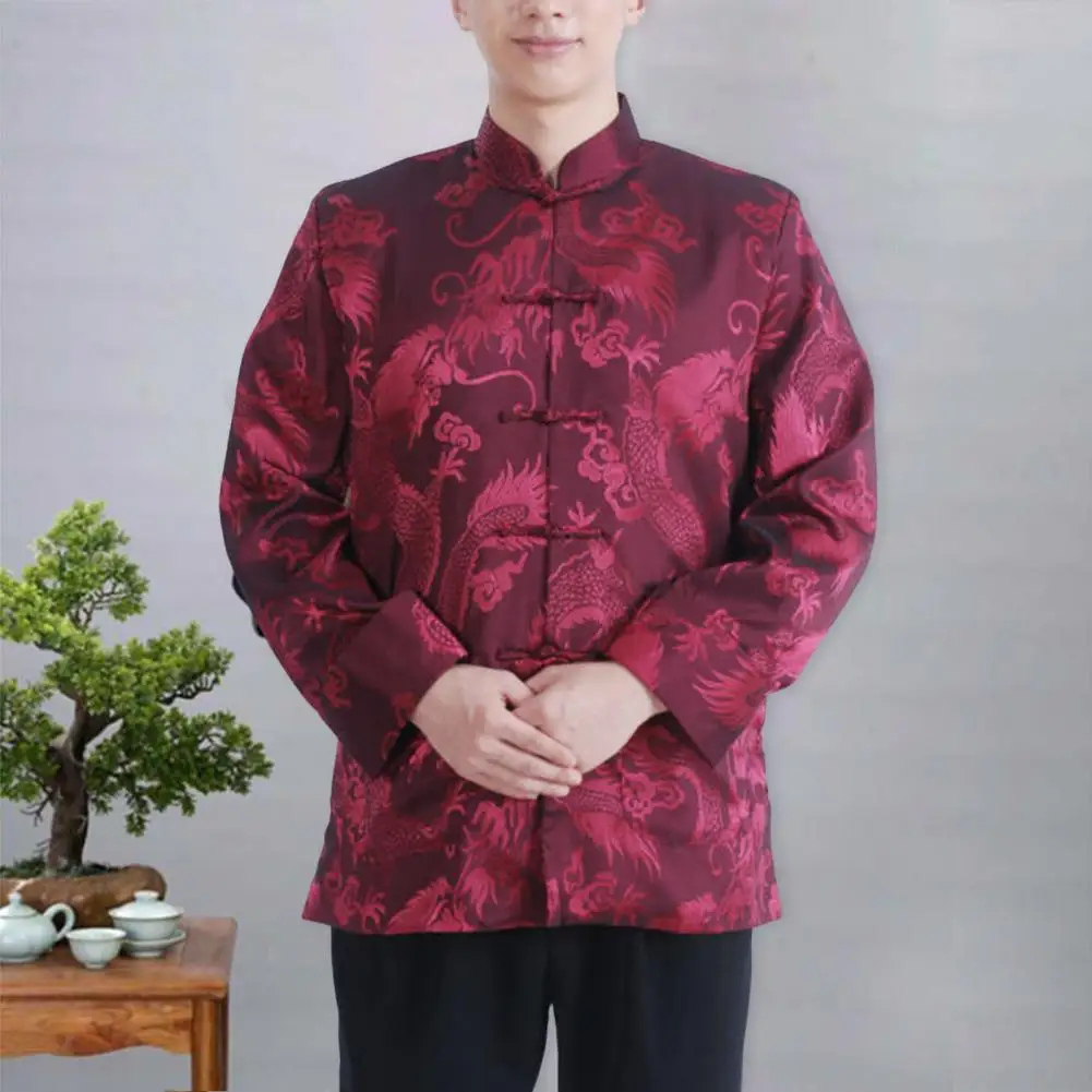 

Father Shirt Chinese Style Long Sleeves Dragon Print Hanfu Men Top Stand Collar Loose Warm Cardigan Spring Autumn Tang Suit