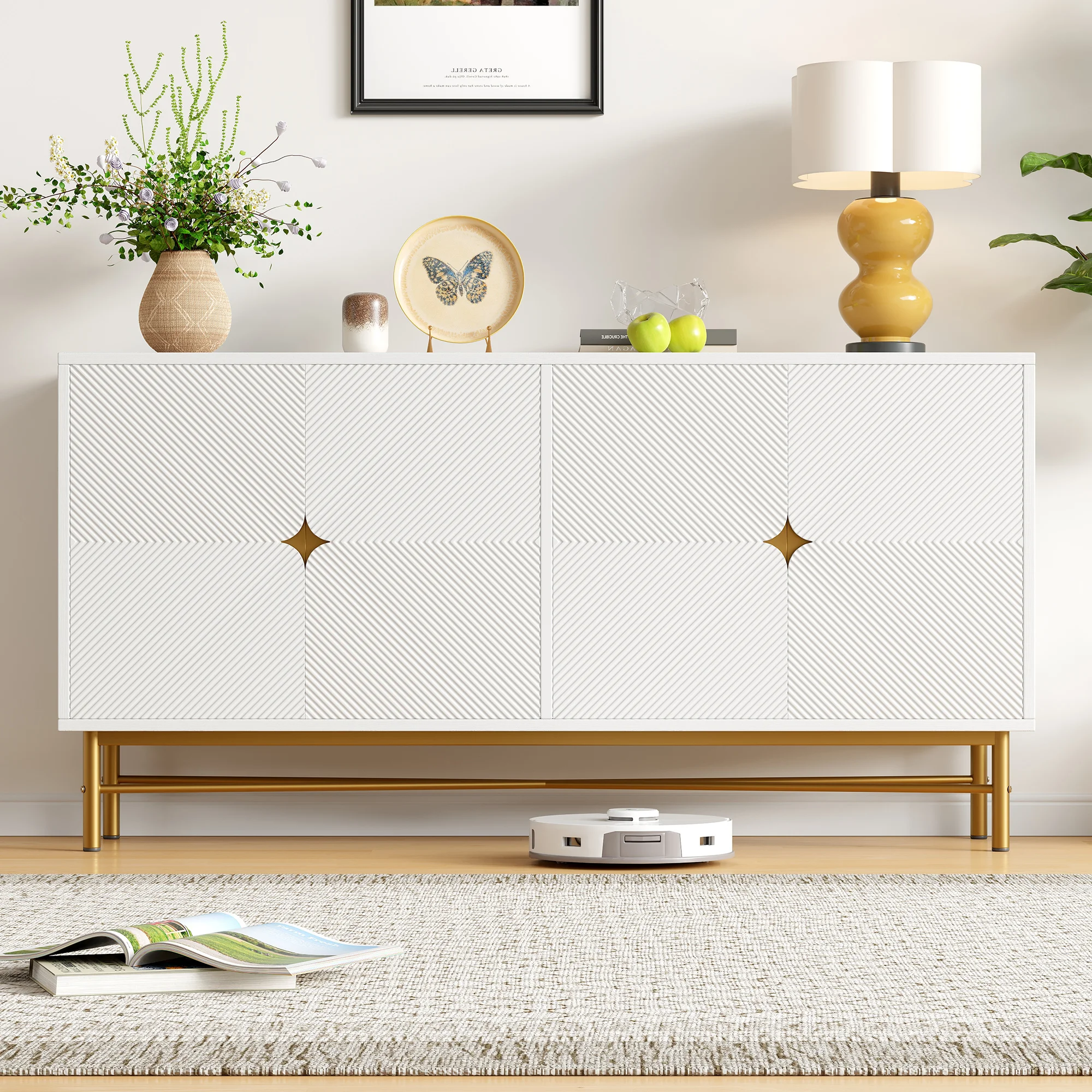 Sideboard mit eleganter Textur, Kleiderschrank mit vier Türen, goldfarbenen gebürsteten Griffen und hochglänzenden Tischbeinen, Weiß, 160 x 40 x 82 cm – Detail 1