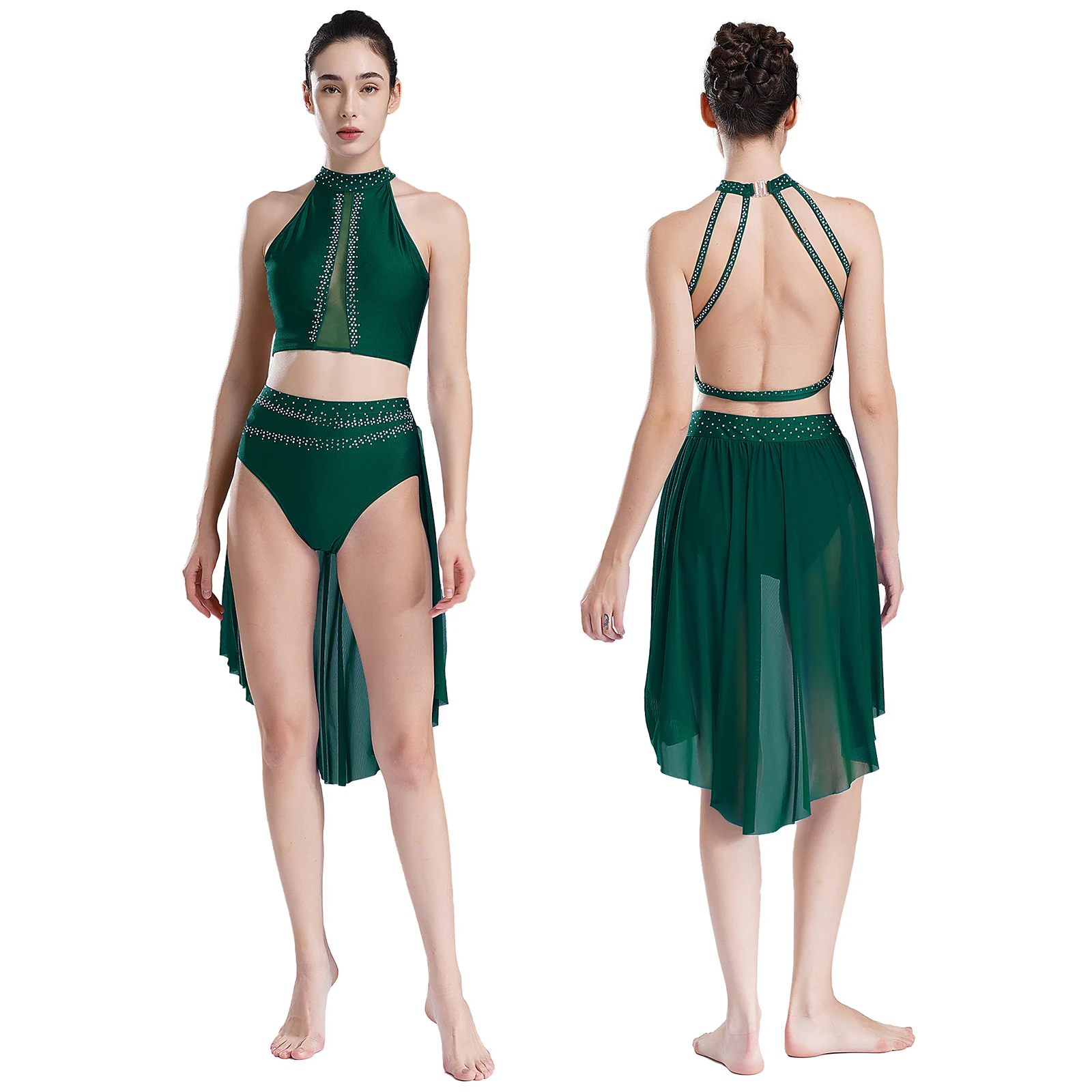 Traje de danza moderna lírica para Ballet y gimnasia para mujer, traje de patinaje artístico con diamantes de imitación brillantes, Top corto con bragas con falda fluida