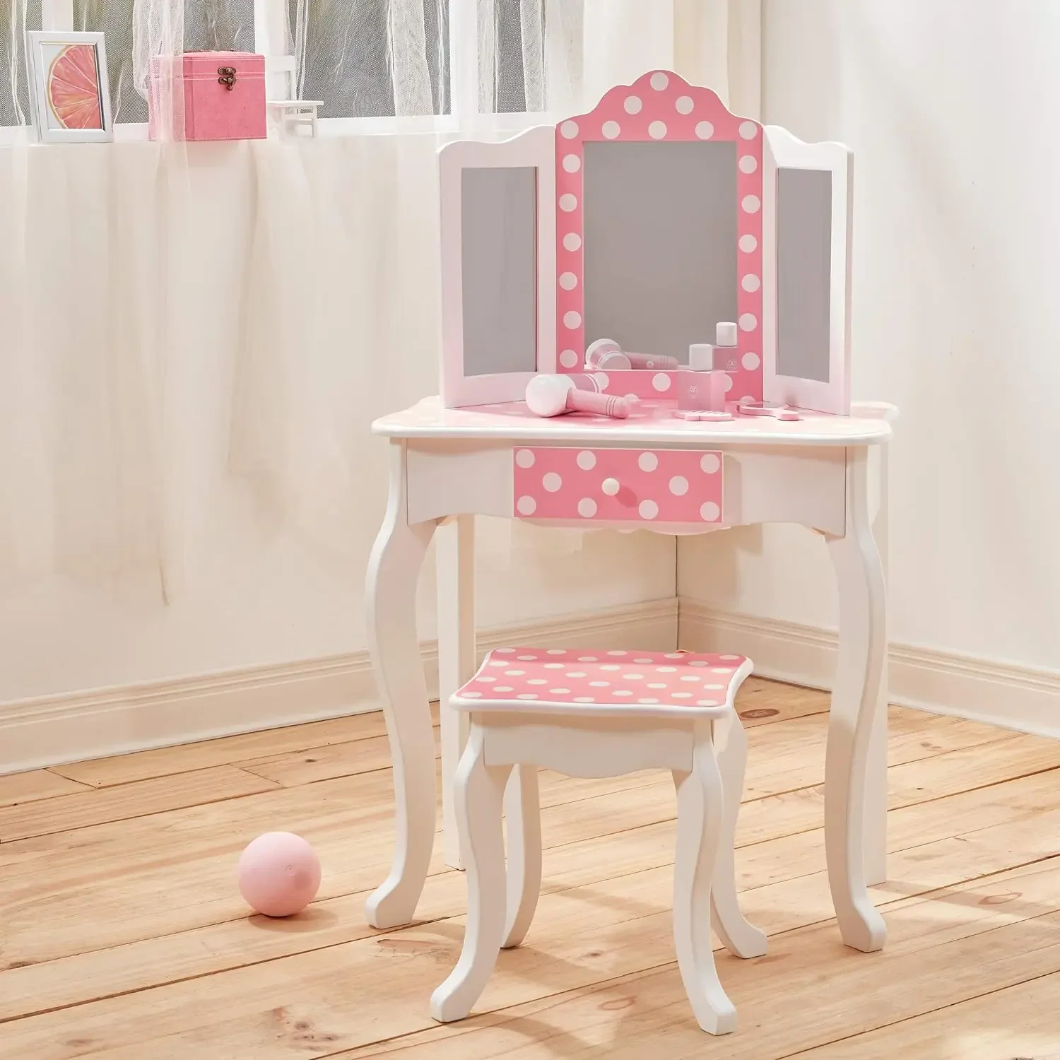 Kids Princess Gisele Polka Dot Print 2-Piece Kids Wooden Play Vanity Set with Vanity Table, Tri-Fold Mirror, Storage Dra 3