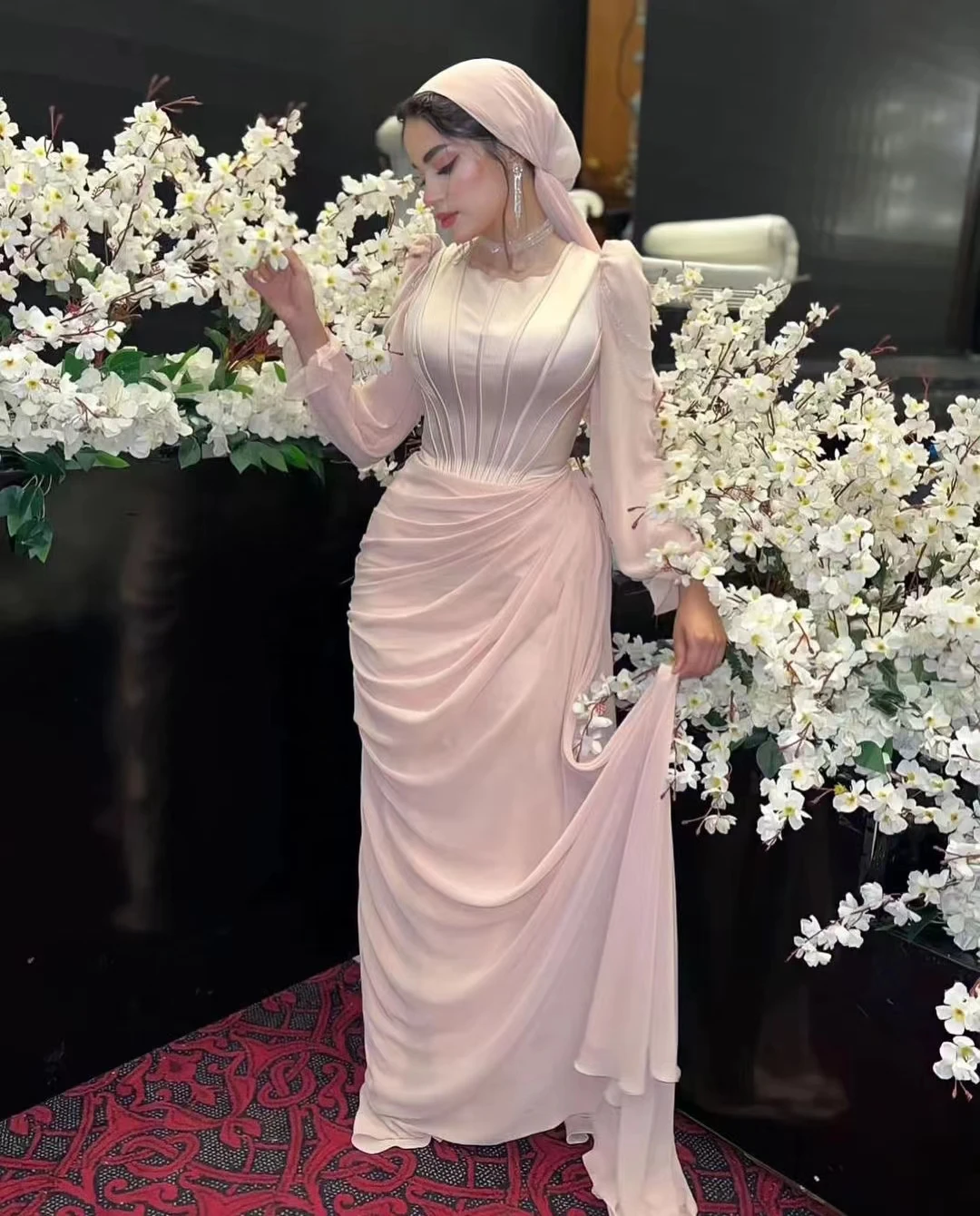 

Pink Evening Dress For Woman Long Sleeves Prom Dresses Floor Length 2024 Formal Occasion Wedding Party Dresses Gala Saudi Arabia