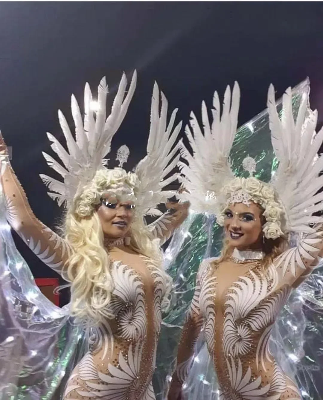 

Ds female gogo stage show feather headdress magic shawl wings white one-piece suit costume