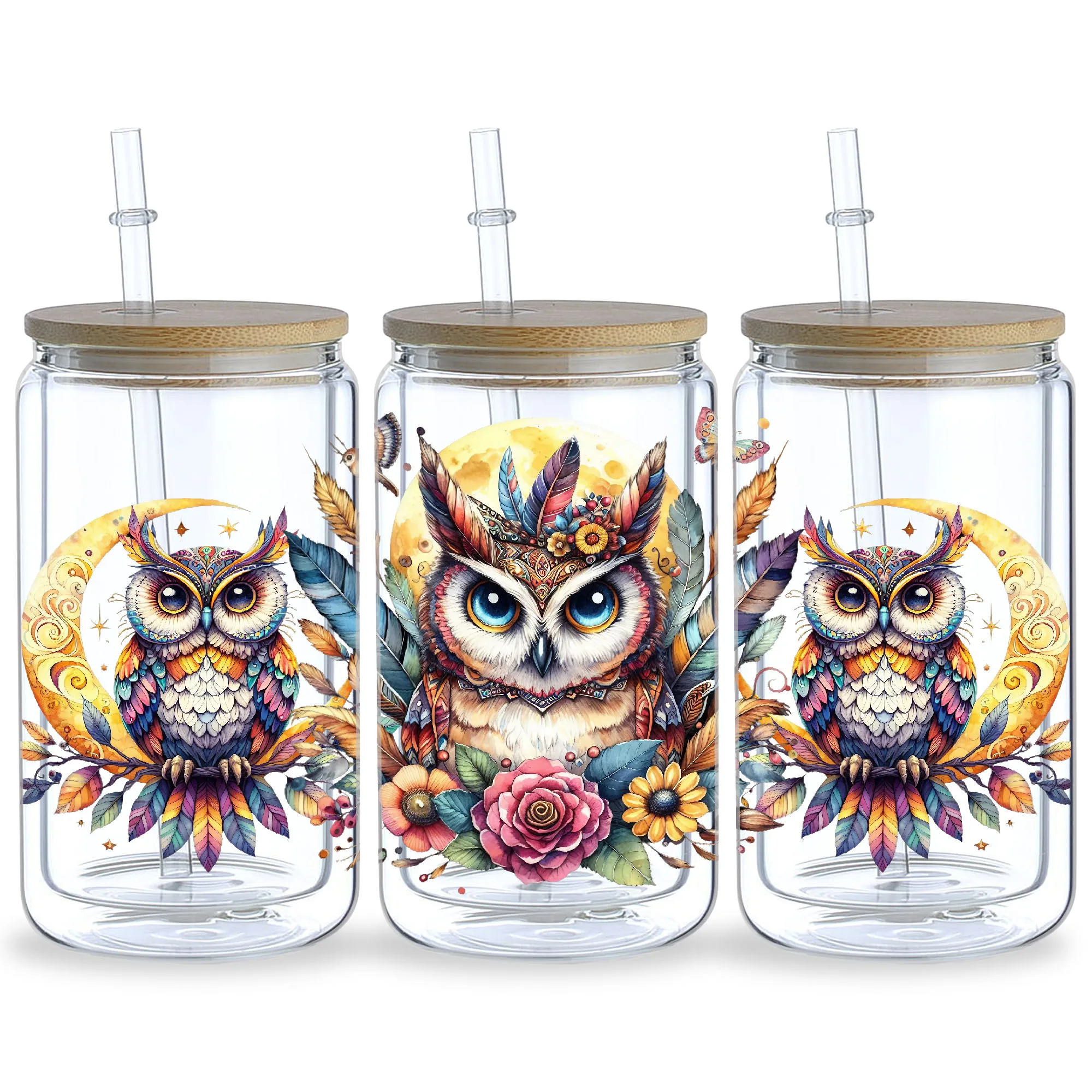 5 Sheets Owl UV DTF Cup Stickers, Glass Cup DTF Transfer Stickers, Waterproof Mystical Owl Wipeable Transfer Paper for