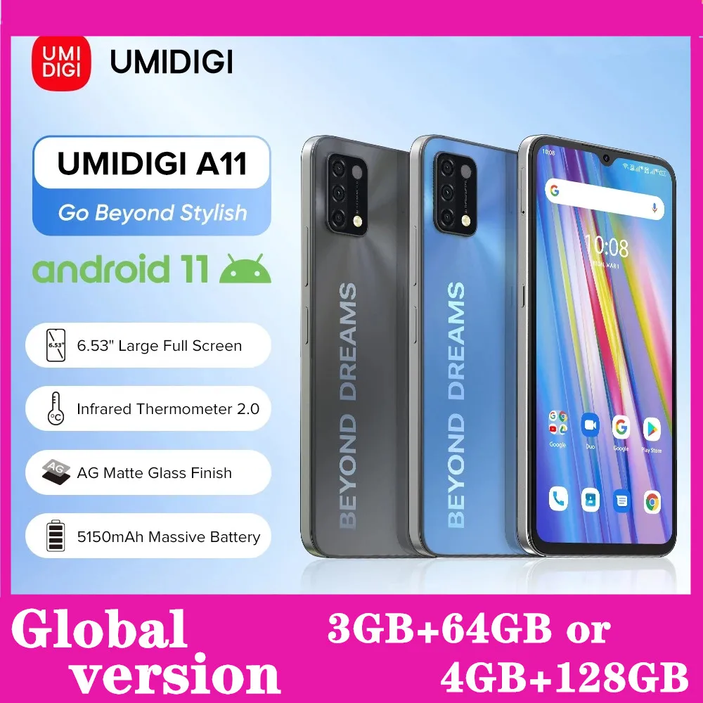 

UMIDIGI A11 Global Version Android 11 Smartphone Helio G25 64GB 128GB 6.53" HD+ 16MP Triple Camera 5150mAh Cellphone