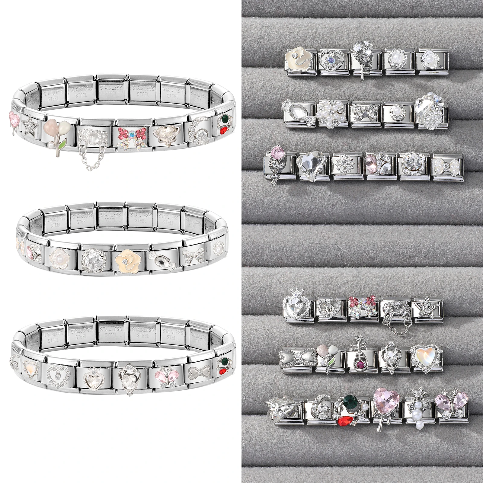 Shiny Zircon Bow Knot Cherry Heart Butterfly Pendant Italian Charm Links Fit 9mm Stainless Steel Bracelet Women DIY Making Gift