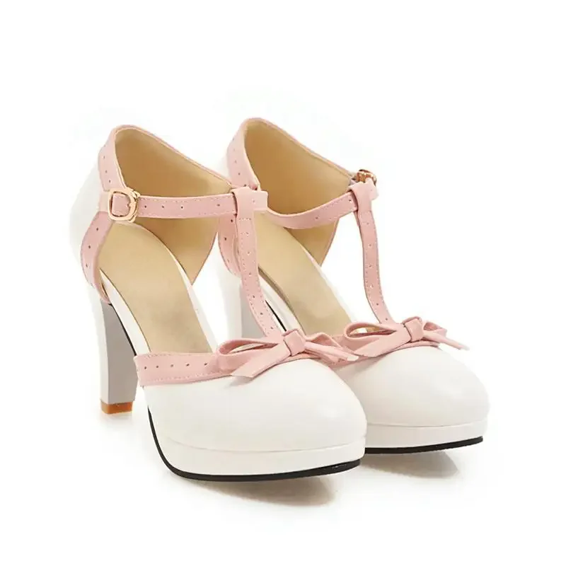 Plus Size 44 High Heel Shoes Round Toe Heel Pumps Women's Platform Pumps with Bow Party Wedding Footwear T Strap women shoes